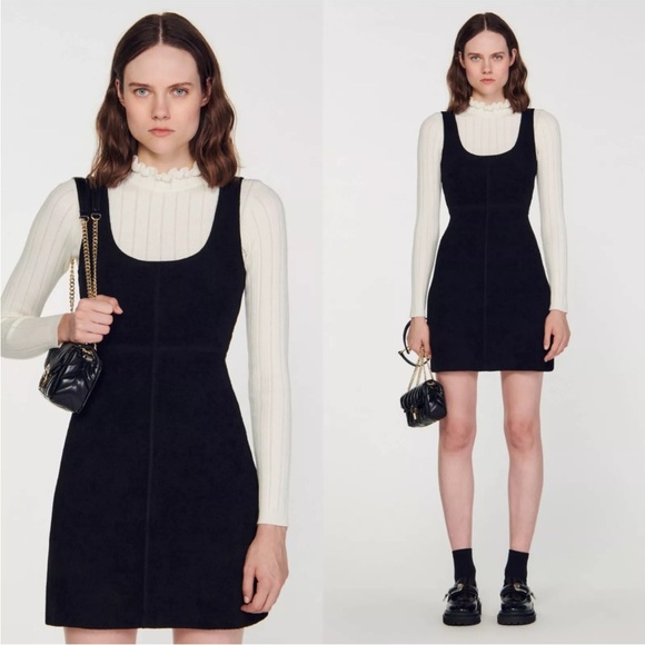SANDRO Bi-Layered Ruffle Collar Knitted Wool Pinafore Dress 36 - Picture 1 of 16